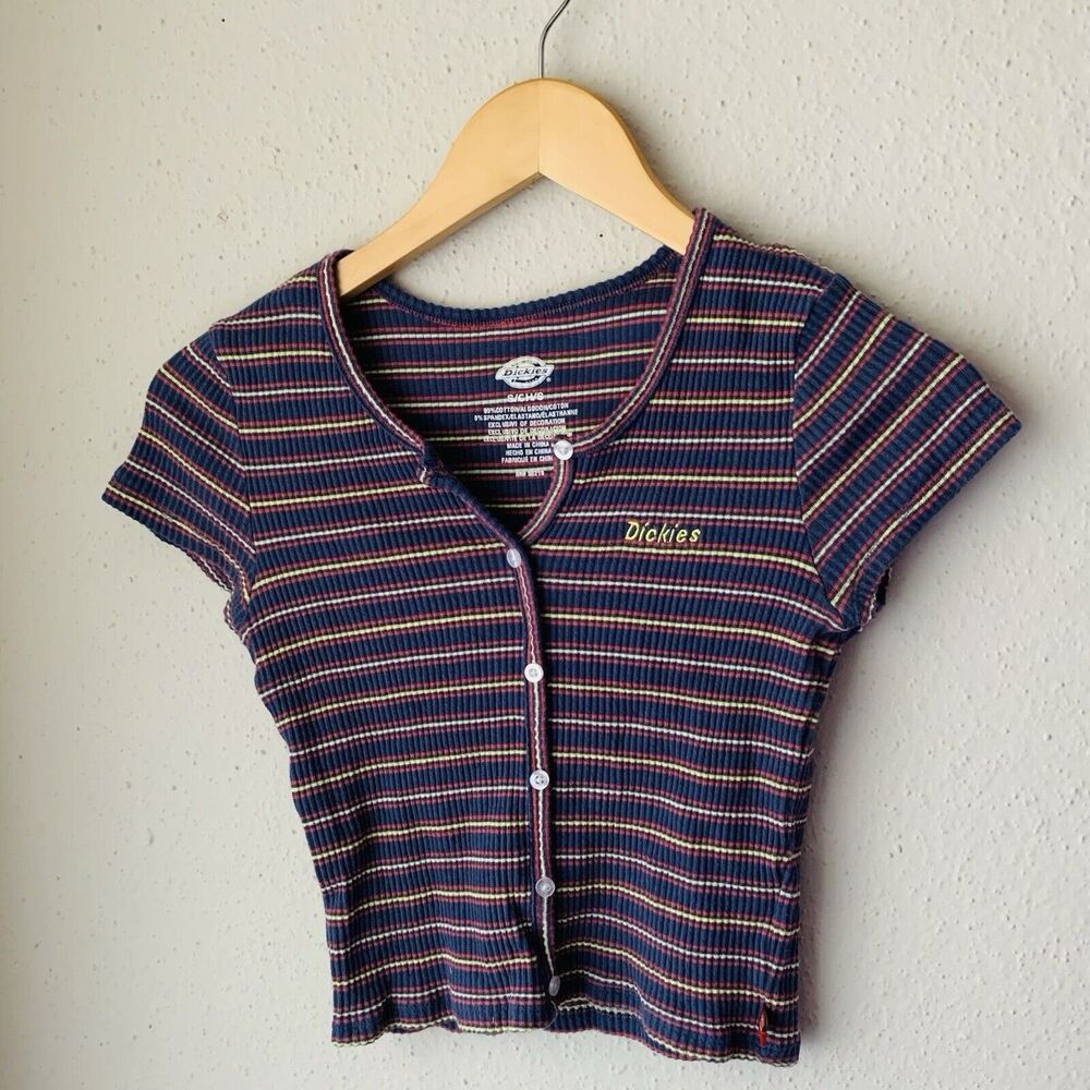 Dickies Logo Stripe Button Up Short Sleeve Crop Top Skater Indie Baby Tee Sz S